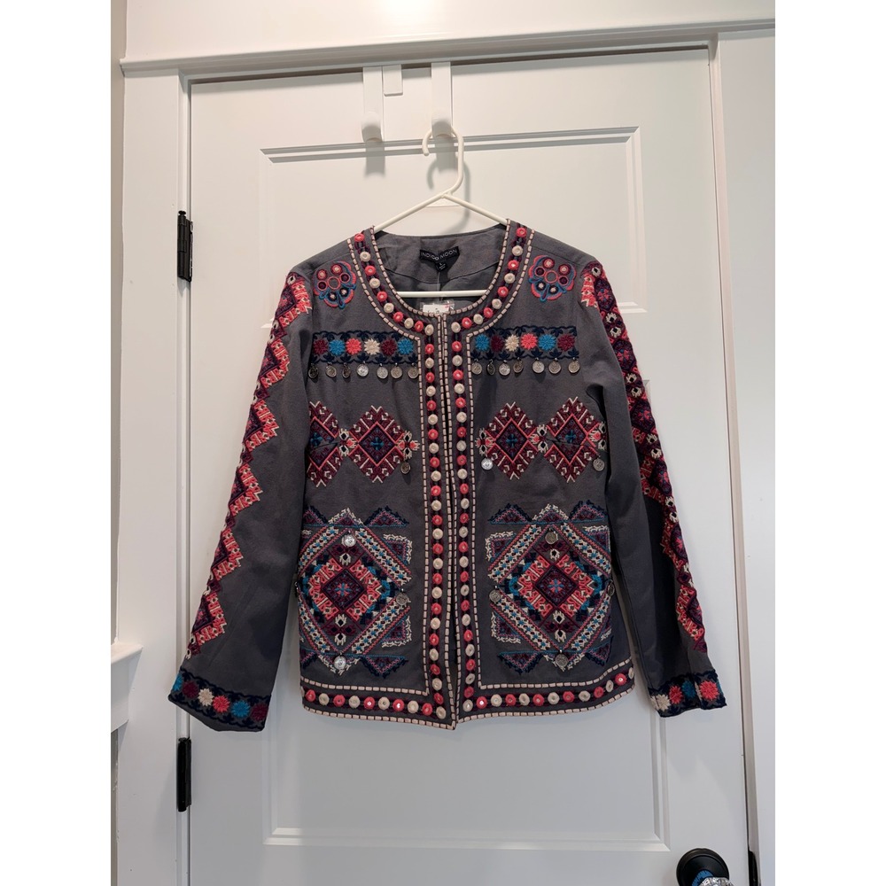 Indigo Moon Grey Cotton Embroidered Boho Coin Jacket JB19975A Womens Large NWT